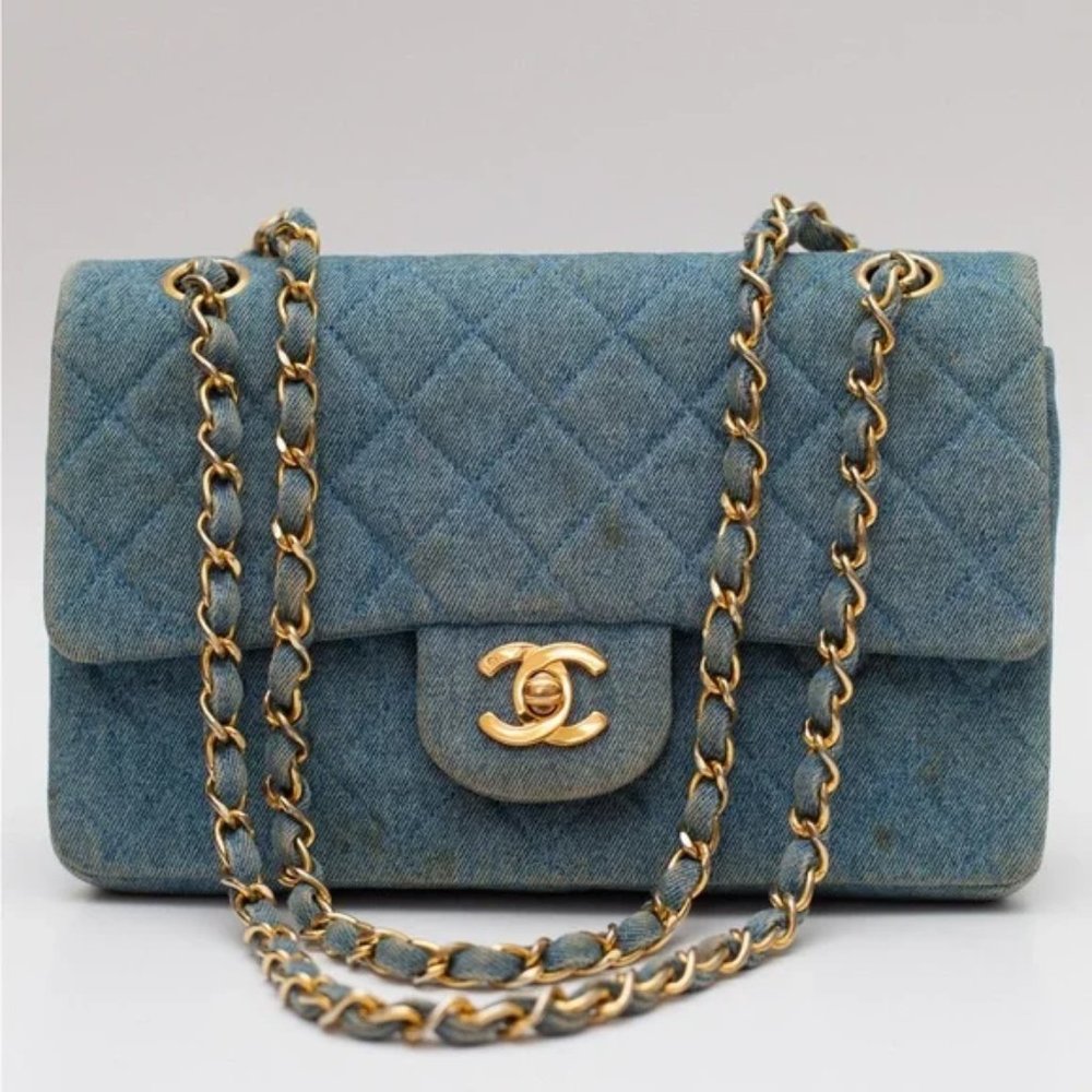 VTG CHANEL 1992 CLASSIC DENIM MEDIUM FLAP BAG PURSE CC TURN LOCK 24k - Picture 2 of 13
